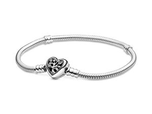 PANDORA Pandora Moments Family Tree Heart Clasp Snake Chain Bracelet، Clear CZ 925 الاسترليني سوار حلية من الفضة
