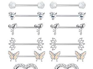 BESTEEL 8 أزواج من حلقات الحلمة 14G الفولاذ المقاوم للصدأ Nipplerings CZ القلب فراشة الكرة اللسان خواتم الحديد التجنيب مجوهرات ثقب الجسم للنساء