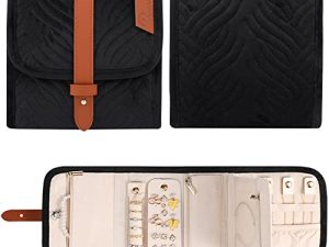 Voova Travel Jewelry Organizer Case حقيبة صغيرة لتخزين المجوهرات لأساسيات السفر ، حامل قابل للطي للمجوهرات قابل للطي للخواتم والقلائد والأقراط والساعة ، صغير ، أسود