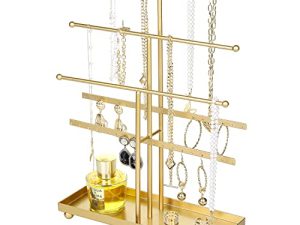 MyGift 5-Tier Gold منضدية مجوهرات معدنية ، سوار ، قرط ، منظم مع علبة حلقة