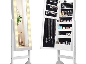 دولاب مجوهرات Giantex Standing مع 18 مصباح LED حول الباب ، خزانة مجوهرات كبيرة بمرآة مع مرآة بطول كامل ، 16 حامل أحمر شفاه ، مرآة مكياج داخلية (أبيض)