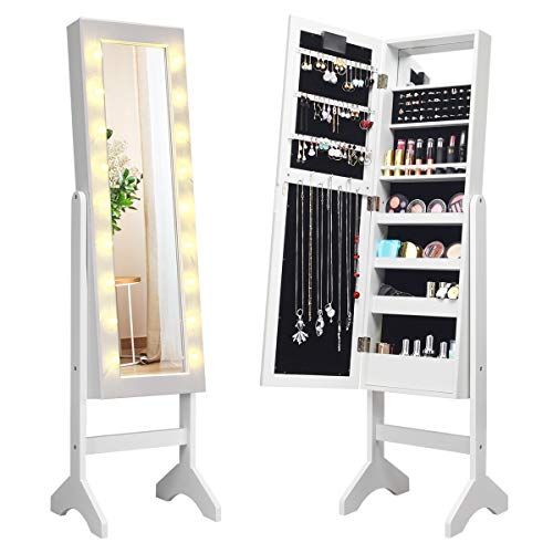 دولاب مجوهرات Giantex Standing مع 18 مصباح LED حول الباب ، خزانة مجوهرات كبيرة بمرآة مع مرآة بطول كامل ، 16 حامل أحمر شفاه ، مرآة مكياج داخلية (أبيض) دولاب مجوهرات Giantex Standing مع 18 مصباح LED حول الباب ، خزانة مجوهرات كبيرة بمرآة مع مرآة بطول كامل ، 16 حامل أحمر شفاه ، مرآة مكياج داخلية (أبيض)