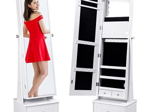 Best Choice Products خزانة مجوهرات عاكسة دوارة 360 درجة ، دولاب كامل الطول ، منظم تخزين مكياج بإضاءة LED مع مصابيح داخلية ، مرآة ، 3 أرفف تخزين ، 3 أدراج - أبيض