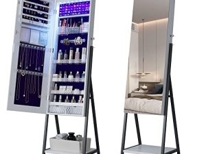 Lvifur 8 LEDS Jewelry Armoire 60 '' H ، حامل أرضية كبير بطول كامل مرآة مجوهرات قابلة للقفل مع رف تخزين أكريليك قابل للتعديل لغرفة المعيشة وغرفة النوم والحمام