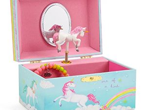 صندوق تخزين المجوهرات الموسيقية للفتيات من Jewelkeeper مع Spinning Unicorn ، 6 × 4.65 × 3.5 بوصة ، تصميم قوس قزح ، لحن الحالم الجميل