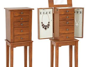 خزانة مجوهرات قائمة بذاتها من Armoire 5 أدراج وبابين جانبيين و 8 خطافات على شكل قلادة صندوق تخزين خشبي مع منظم تخزين علوي مرآة قلاب (بني）