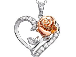 مجوهرات ديزني للنساء - Beauty and the Beast بلونين وردي وقلب من الفضة الإسترليني قلادة ، لوحة ذهب وردي ، لهجات زركونيا مكعب ، 18 "