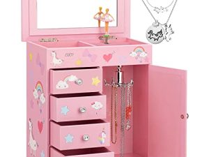 صندوق مجوهرات مطور من efubaby للبنات من 5 طبقات مع باب متأرجح راقصة الباليه بتصميم وحيد القرن والقلعة تتضمن مجموعة مجوهرات يونيكورن للأطفال الصغار هدية عيد ميلاد للكريسماس وردي