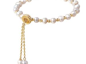 Cowlyn Pearl Bracelet Chain Link Baroque Culture Bossimi 14K Gold Filled Fashion Valentine Charm Dainty Handmade Jewelry for Women Wife Girls Mother (with Gift Box)