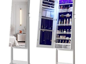دولاب مجوهرات من Gurexl مقاس 60 بوصة ، 8 LEDS ، مثبت على الحائط / الباب / قائم على الأرض ، خزانة مجوهرات قابلة للقفل ومرآة بطول كامل مع رف تخزين أكريليك قابل للتعديل لغرفة المعيشة وغرفة النوم والحمام