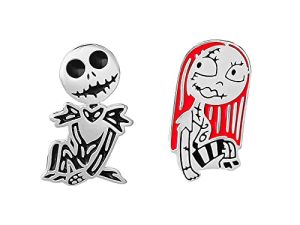 Disney Nightmare Before Christmas Jewelry ، أقراط مرصعة غير متطابقة من Jack Pumpkin King و Sally ، من الفضة الإسترليني ، والمينا
