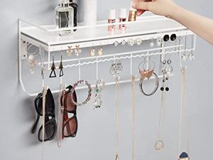 JackCubeDesign قلادة معدنية بيضاء منظم مجوهرات مثبت على الحائط حامل مجوهرات معلق على الرف وخطافات تخزين معلقة للقلادة والأقراط والنظارات الشمسية وديكور الغرفة الجمالية - MK238B