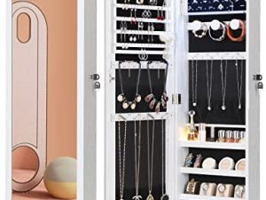 خزانة مجوهرات Nicetree 6 LEDs مع مرآة مع 3 تحسينات حصرية ، مرآة قابلة للقفل 4.2 بوصة مع تخزين مجوهرات ، مرآة منظم مجوهرات مثبتة على الباب / الحائط ، غطاء أكريليك ، أبيض