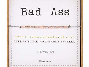 أساور RareLove Bad Ass Morse Code هدية صداقة ملهمة للنساء والفتيات سوار ذهبي وردي خرز رمادي