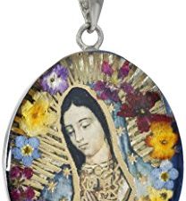 Amazon Collection Silver Pressed Flower Guardian Angel أو قلادة سيدة غوادالوبي