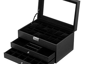Oyydecor Jewelry Box Watch Box PU Leather Case منظم تخزين خشبي للتخزين والعرض أعمال هدايا للرجال والنساء (3 طبقات - أسود)