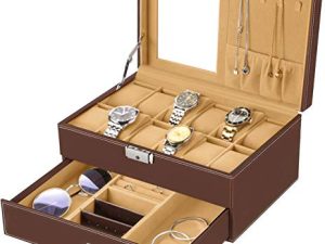 Oyydecor Watch Box 12 فتحة منظم منظم علبة عرض المجوهرات مع درج مجوهرات للتخزين والعرض قابل للقفل