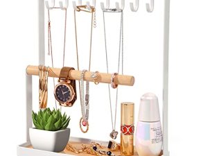 Portin Jewelry Organizer Display Stand Holder with Wooden Ring Tray and Hooks Storage Necklaces Bracelet، Rings، Watches Metal Desk Organizer Stand حامل