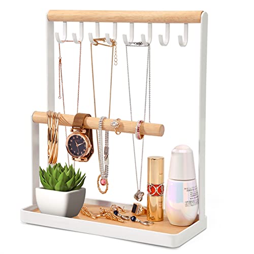 Portin Jewelry Organizer Display Stand Holder with Wooden Ring Tray and Hooks Storage Necklaces Bracelet، Rings، Watches Metal Desk Organizer Stand حامل Portin Jewelry Organizer Display Stand Holder with Wooden Ring Tray and Hooks Storage Necklaces Bracelet، Rings، Watches Metal Desk Organizer Stand حامل