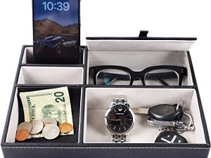 Zcaukya Men's Valet Tray ، صندوق مجوهرات منظم منضدة مع 5 مقصورات لمفاتيح الهواتف الذكية ، نظارات ساعة المحفظة ، من الجلد الصناعي ، حامل Catchall ، هدية للرجال