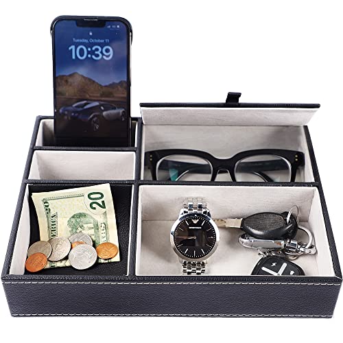 Zcaukya Men's Valet Tray ، صندوق مجوهرات منظم منضدة مع 5 مقصورات لمفاتيح الهواتف الذكية ، نظارات ساعة المحفظة ، من الجلد الصناعي ، حامل Catchall ، هدية للرجال Zcaukya Men's Valet Tray ، صندوق مجوهرات منظم منضدة مع 5 مقصورات لمفاتيح الهواتف الذكية ، نظارات ساعة المحفظة ، من الجلد الصناعي ، حامل Catchall ، هدية للرجال