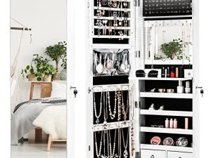 دولاب مجوهرات بشريط LED من CHARMAID مع مرآة بطول 47.2 بوصة ، منظم مجوهرات مثبت على الحائط / الباب مع مرآة مدمجة ، صينية مستحضرات تجميل قابلة للقلب ، 4 أدراج ، خزانة مجوهرات تخزين كبيرة (أبيض)