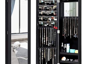 Giantex Jewelry Armoire Cabinet باب حائط مثبت بمرآة بطول كامل ، منظم مجوهرات مع مرآة مكياج ، فتحات حلقية حلقية ، خطافات عقد ، خزانة مجوهرات تخزين ذات سعة كبيرة (أسود)