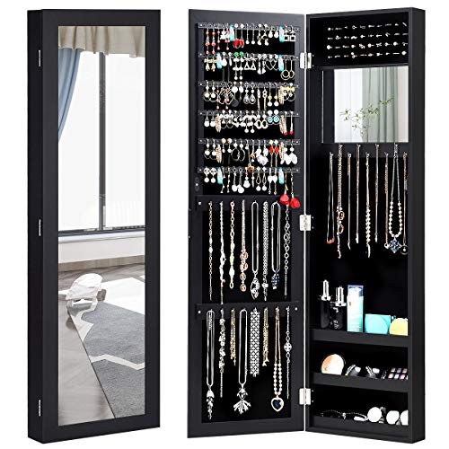 Giantex Jewelry Armoire Cabinet باب حائط مثبت بمرآة بطول كامل ، منظم مجوهرات مع مرآة مكياج ، فتحات حلقية حلقية ، خطافات عقد ، خزانة مجوهرات تخزين ذات سعة كبيرة (أسود) Giantex Jewelry Armoire Cabinet باب حائط مثبت بمرآة بطول كامل ، منظم مجوهرات مع مرآة مكياج ، فتحات حلقية حلقية ، خطافات عقد ، خزانة مجوهرات تخزين ذات سعة كبيرة (أسود)