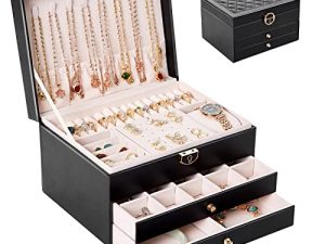 صندوق منظم مجوهرات زوميير فينتاج لعيد الميلاد وعيد الحب وعيد الحب ، حامل منظم للأقراط من جلد البولي يوريثان كبير مع 3 طبقات من الدرج للخاتم والقلادة - أسود