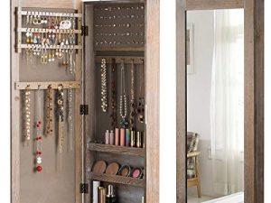 Giantex Jewelry Armoire Cabinet Wall / Door مُثبتة بمرآة ، منظم مجوهرات ريفي كامل الطول تخزين معكوسة مع فتحات حلقية بخطافات ، خزائن مجوهرات دولاب غرفة النوم (خشب طبيعي)