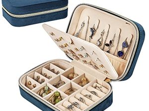 حقيبة سفر Dajasan Velvet Jewelry ، صندوق مجوهرات صغير للسفر ، صندوق منظم مجوهرات السفر المحمول للأقراط والأساور والخواتم قلادة (أزرق)