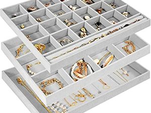 مجموعة ProCase المكونة من 3 صواني مجوهرات قابلة للتكديس للأدراج ، ودرج مجوهرات ، وحاوية تخزين لعرض المجوهرات مع فواصل قابلة للإزالة لساعة حلق وسوار - رمادية