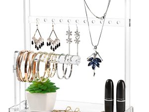 BOWEN EZ Jewelry Stand Holder Jewelry Tree 4-Tier necklace Earring Bracelet Ring Watches Hanging Organizer Acrylic Jewelry Display Tower Glasses Perfume Organizer Women Girls Best Gift with Tray