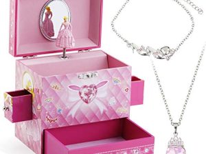 صندوق مجوهرات موسيقية للأطفال من RR ROUND RICH DESIGN للفتيات مع 3 أدراج ومجموعة مجوهرات مع موضوع الأميرة اللطيفة - لون وردي جميل
