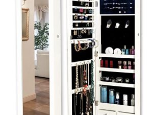 KEDLAN 6 LEDs مرآة مجوهرات خزانة ، 43.3 "H قابل للقفل على الحائط / الباب منظم مجوهرات دولاب مع مرآة ، 2 درج ، أبيض JC600