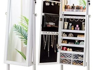 LUXFURNI LED ضوء خزانة مجوهرات دولاب ، مرآة دائمة للمكياج قابلة للقفل منظم تخزين كبير مع أدراج (أبيض)