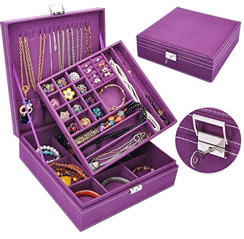 QBestry Girls Jewelry Box for Women Jewelry Case 2 Layer Large Jewelry Organizer Storage Case with Lock Jewellery Holder for necklace Organizer Bracelet Holder Ring Storage Box Vintage Gift، Purple QBestry Girls Jewelry Box for Women Jewelry Case 2 Layer Large Jewelry Organizer Storage Case with Lock Jewellery Holder for necklace Organizer Bracelet Holder Ring Storage Box Vintage Gift، Purple