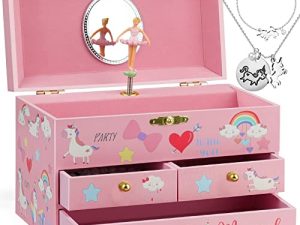 صندوق مجوهرات موسيقي من efubaby للفتيات بتصميم وحيد القرن دوار ، 3 أدراج قابلة للسحب ، مجموعة مجوهرات يونيكورن متضمنة صندوق مجوهرات للأطفال للفتيات الصغيرات في الكريسماس ، لحن الفالس من الزهور