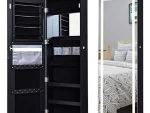 Giantex Jewelry Cabinet Box Armoire Door Mount Mount ، شاشة تعمل باللمس قابلة للقفل بطول كامل بمرآة 47.5 بوصة ، صندوق تخزين مجوهرات داخلي عاكس للمكياج مع حامل أحمر الشفاه (أسود)