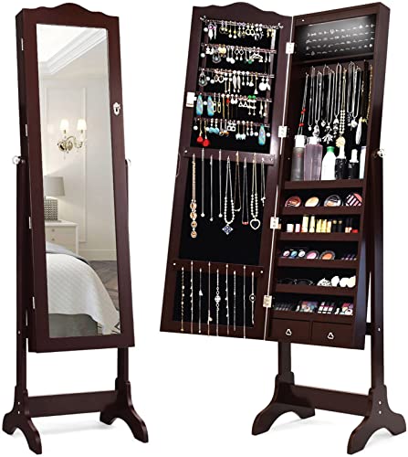 Giantex Jewelry Armoire Cabinet Organizer with Mirror ، قابل للقفل مع مفتاح 14 مصباح LED تلقائي التشغيل كامل الطول خزائن غرفة نوم معكوسة ، صندوق دولاب مجوهرات قائم على الأرض مع درجين (بني) Giantex Jewelry Armoire Cabinet Organizer with Mirror ، قابل للقفل مع مفتاح 14 مصباح LED تلقائي التشغيل كامل الطول خزائن غرفة نوم معكوسة ، صندوق دولاب مجوهرات قائم على الأرض مع درجين (بني)