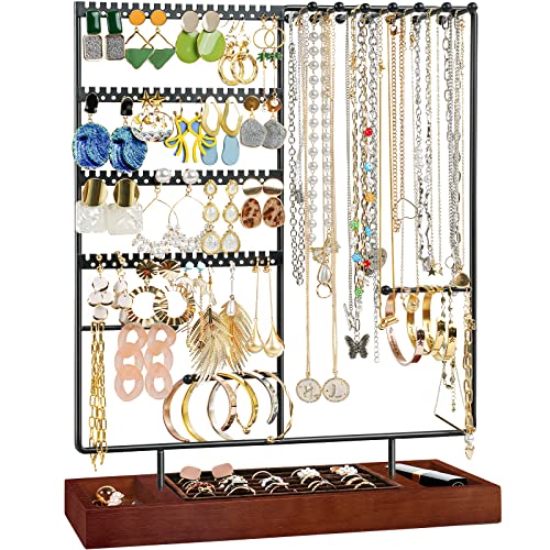 ProCase Jewelry Stand المنظم حامل القرط ، 144 ثقب عرض القرط المرصعة حامل قلادة برج التخزين مع صينية حلقية خشبية قابلة للإزالة للأقراط والقلائد والأساور والساعات - أسود ProCase Jewelry Stand المنظم حامل القرط ، 144 ثقب عرض القرط المرصعة حامل قلادة برج التخزين مع صينية حلقية خشبية قابلة للإزالة للأقراط والقلائد والأساور والساعات - أسود